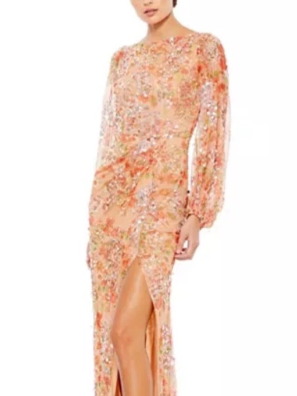 NWT Mac Duggal Bishop Sleeve Apricot Floral Print Sequin Gown. Size 6